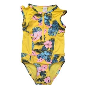 Cat & Jack Tropical Rash Guard Swimsuit 3T Yellow Floral Zip One Piece